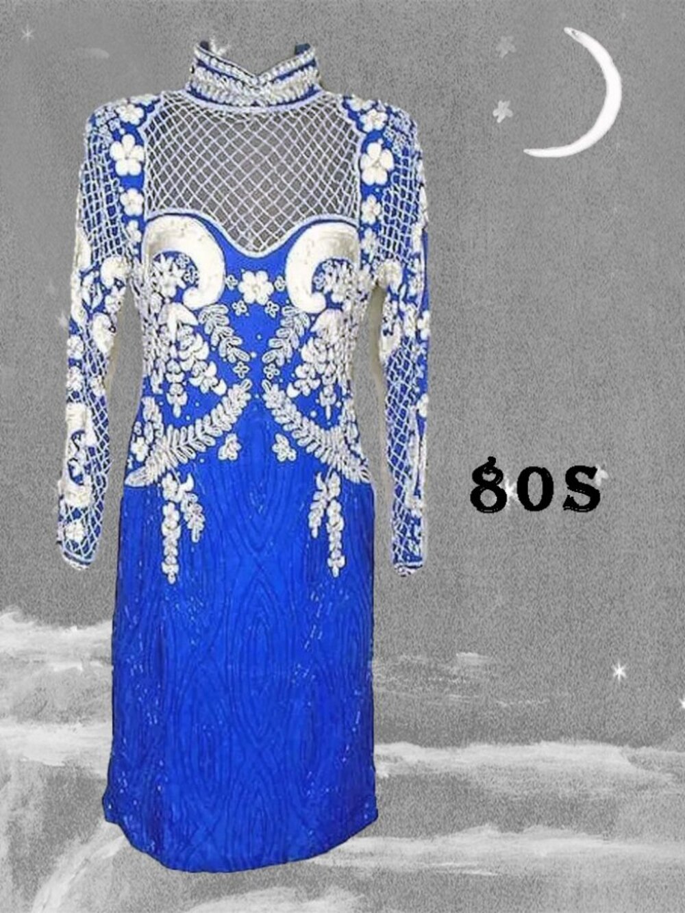 Long Sleeve Formal Blue White Beaded Cocktail Dress, Open Back - 80s Vintage